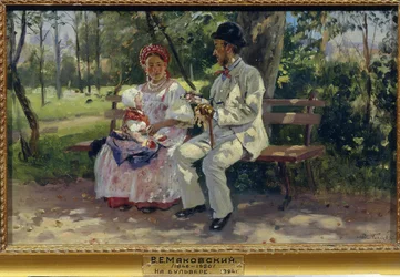 En el Bulevar. Pintura de Vladimir Yegorovich Makovsky (Makovsky, Makovskij) (1846-1920), óleo sobre lienzo