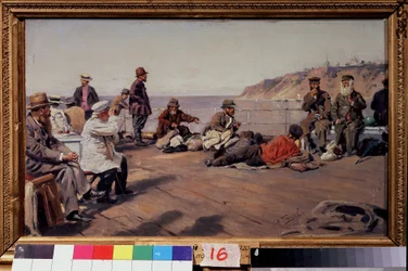 En la cubierta (En la cubierta). Viajeros de todas las clases en un barco que recorre la costa. Pintura de Vladimir Yegorovich Makovsky (Makovsky, Makovskij) (1846-1920), óleo sobre lienzo