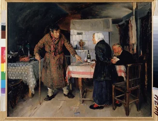 Una pelea en el juego de cartas. Alrededor de la mesa de una cocina modesta, los ancianos juegan a las cartas, uno de ellos, disgustado, se levanta y denuncia el juego, tirando las cartas al suelo. Enfrente, un viejo s