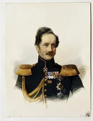 Retrato del Príncipe Alexey Fyodorovich Orlov (1787-1862) (Retrato del Príncipe A. F. Orlov). Soldado y diplomático ruso. Obra de Vladimir Ivanovich Hau (Gau) (1816-1895), acuarela sobre papel