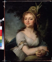 Retrato de Ekaterina Arsenyeva. Ella tiene un sombrero y brazaletes y sostiene una fruta. (Retrato de Ekaterina Arsenyeva). Pintura de Vladimir Lukich Borovikovsky (o Borovikovsky) (1757-1825). Óleo sobre lienzo, hacia 1790, 71,5 x 56,5 cm, arte ruso, clás
