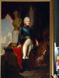 Retrato del emperador Alejandro I de Rusia (1777-1825). Pintura de Vladimir Lukich Borovikovsky (o Borovikovsky) (1757-1825), óleo sobre lienzo, alrededor de 1800. Arte ruso del siglo XVIII. Museo Estatal de Guerra e Historia de Borodino, Moscú.