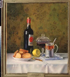 Un vaso de té. Naturaleza muerta (sobre un mantel blanco, con biscotes, medio limón, un recipiente de mermelada y una botella de vino). Pintura de Vladimir Pavlovich Sokolov (1860-1913), óleo sobre lienzo
