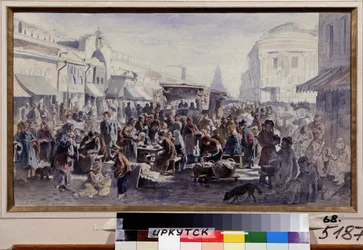 El mercado de segunda mano en Moscú (Rusia). Escena callejera, con gente que lleva ropas manchadas y remendadas, algunos comiendo frente a un puesto, otros mirando la mercancía que se ofrece, otros tomando el cuello.