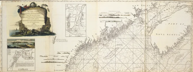 Carta nueva y correcta de la costa de Nueva Inglaterra y Nueva York, con las partes adyacentes de Nueva Escocia y Nuevo Brunswick, desde el cabo Sable hasta la entrada del río Hudsons o del Norte, por el capitán Holland; Vista de Hell Gate, por W. A. Willi