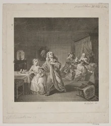 La sala de maternidad, acto III, escena 6. Grabado después de la galería de Holberg de Lorenzen