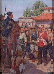 El soldado Moyse, del 3º Regimiento de a pie (East Kent, The Buffs), se niega a doblegarse ante el mandarín tártaro Tsan-koo-lin-sin