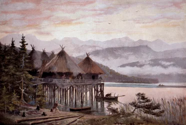 Prehistoria: pueblo construido sobre pilotes en las orillas del lago de Zúrich en la Edad de Piedra. Pueblo lacustre, ciudad lacustre prehistórica. De una pintura de W. Kranz siglo XX