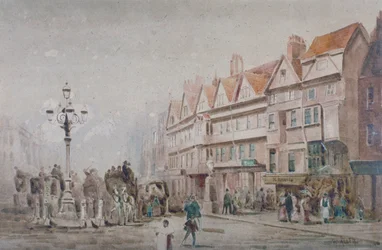 Vista al este a lo largo del lado sur de Holborn y Stable Inn, Londres, 1860
