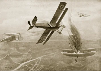 Batalla aérea del capitán Hawker contra tres aeroplanos alemanes, 25 de julio de 1915, ilustración de «La historia de la nación»
