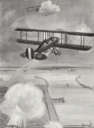 El líder de escuadrón Richard Davies y el teniente de vuelo Richard Peirse lanzando bombas sobre la estación submarina en Zeebrugge bajo fuego intenso, 23 de enero de 1915