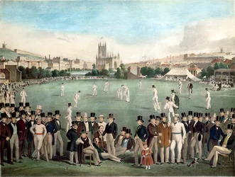 Un partido de cricket entre Sussex y Kent en 1840, publicado por S. Lipschitz, Londres, c.1849 (grabado en color)