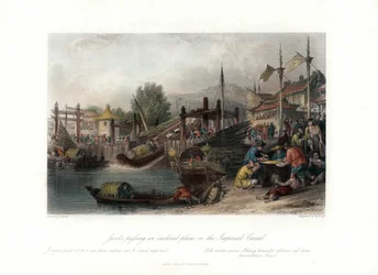 Juncos pasando un plano inclinado en el Canal Imperial, China, c. 1840