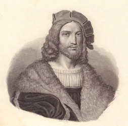 Retrato del poeta italiano Antonio Tebaldeo (1463-1537), grabado en cobre del cuadro de Rafael