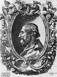 Retrato de Ludovico Ariosto (1474-1533), poeta y dramaturgo italiano, Medaglie del Doni, grabado por Enea Vico (1523-1567)