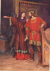 Gertrudis revela que Hamlet ha matado a Polonio, de «Hamlet» de William Shakespeare, edición publicada por Hodder y Stoughton en 1915