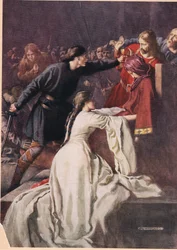 Hamlet obliga al rey a beber veneno, de «Hamlet» de William Shakespeare, edición publicada por Hodder y Stoughton en 1915