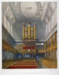 Interior, mirando al oeste, Iglesia de San Dunstan en el Oeste, Fleet Street, Ciudad de Londres, 1829