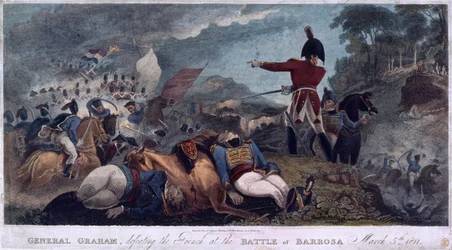 El General Graham derrotando a los franceses en la Batalla de Barrosa, grabado por J. Edwards, publicado por Almanack Stationers, 1812