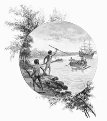 Nativos oponiéndose al desembarco del Capitán Cook, Australia, 1770 1886