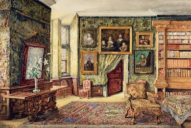 La biblioteca en Hardwick Hall, Derbyshire, 1891