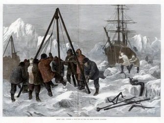 Vida ártica, abriendo camino en el hielo desde los cuarteles de invierno, 1875