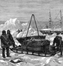 Preparándose para iniciar un viaje en trineo en el Ártico, 1875