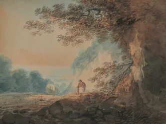 Paisaje, árbol en primer plano derecho carro y figuras de mujer y niño