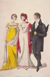 Dos mujeres y un hombre con traje de noche completo, c. 1810