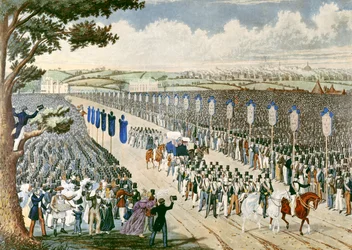Reunión de sindicalistas en Copenhagen Fields, 1834 (grabado en color)