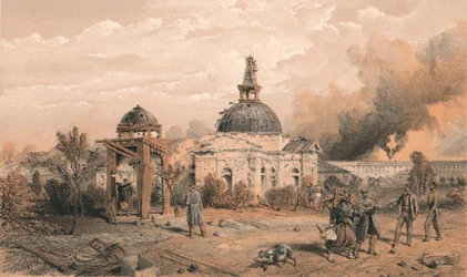 Iglesia en la parte trasera del Redan, mirando al norte - mostrando los efectos de disparos y proyectiles, 1856
