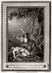 Tisbe toma la espada ya empapada con la sangre de Píramo, la hunde..., 1775