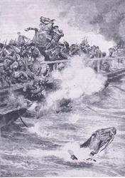 Sebastopol: La retirada sobre el puente de barcos, ilustración de British Battles on Land and Sea, 1915
