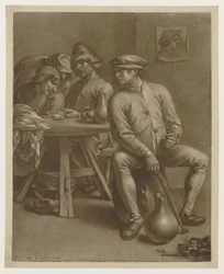 Cuatro hombres cantando en una cabaña campesina