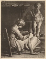 Joven artista con una estatua de Cupido