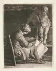 Joven con una estatua de Cupido