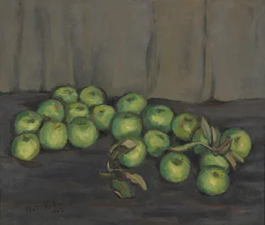 Manzanas verdes con cortina gris