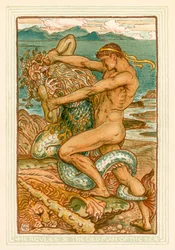 Hércules y el viejo del mar (litografía en color)