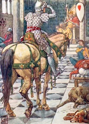 Perceval obtiene el escudo del corazón palpitante (litografía en color)