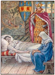 La bruja aconseja sobre la herida de Sir Tristram (litografía en color)
