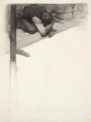 Viñeta: Hombre agachado en un andamio