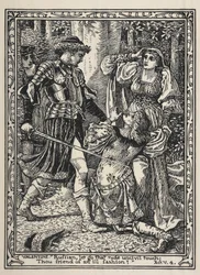 Una escena de "Dos caballeros de Verona". Cuando Silvia grita, Valentín salta furioso de entre los arbustos y maldice a Proteo por su traición.
