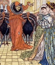 Aparición de una bruja acompañada de dos pavos reales, grabado a partir de un dibujo de Walter Crane (1845-1915)