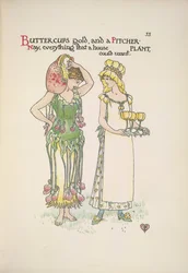 Ranúnculos de oro y planta jarro. Dos mujeres jóvenes