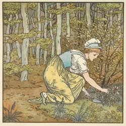 Ilustración en color para "Gefunden", una rima escrita en alemán. Una joven recoge una flor en un bosque.