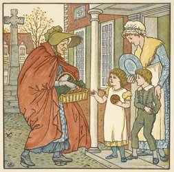 Ilustración en color de bollos calientes. Una anciana da bollos calientes a dos niños.