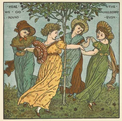 Ilustración en color para "el arbusto de moras". Cuatro mujeres bailan alrededor de un árbol.