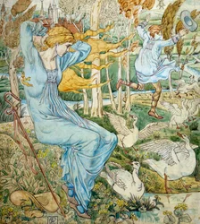 "Un joven intenta alcanzar su sombrero, que ha volado con el viento. Un canguro le observa. Ilustración de Walter Crane (1845-1915) Colección privada