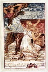 Pandora abriendo la caja. Ilustración de Walter Crane para "Wonder book for girls and boys", Londres 1893.