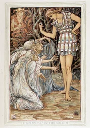 Perseo y las Graias (Beocia, Grecia) - Se encuentra con tres ancianas (¿brujas?) - en “A wonder book for girls and boys” por Walter Crane (1845-1915)